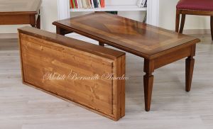 Rectangular living room coffee table in classic style solid walnut with olive wood inlays and drawer